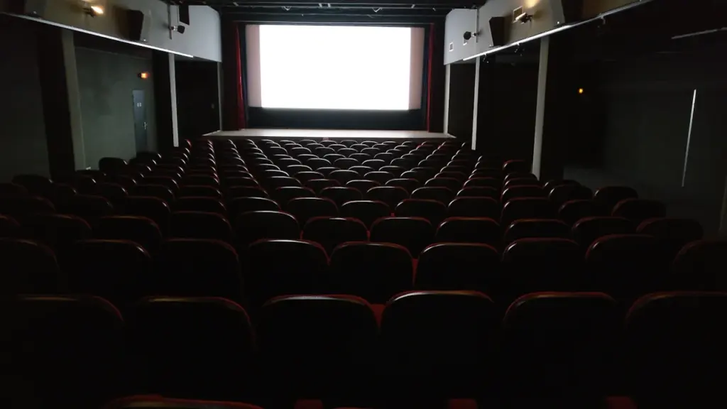 Vue intérieure d'une salle de cinéma vide avec des rangées de sièges rouges.