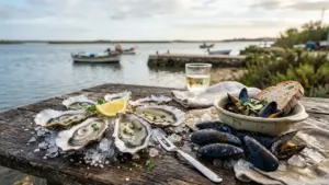 Plateau d'huîtres et moules sur glace avec verre de vin face à un port.
