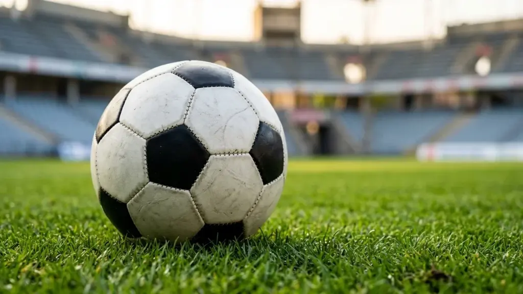 Un ballon de football classique noir et blanc posé sur l'herbe d'un stade vide.