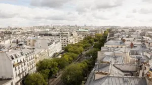 Vue plongeante sur les toits parisiens classiques avec une avenue bordée d'arbres verdoyants.