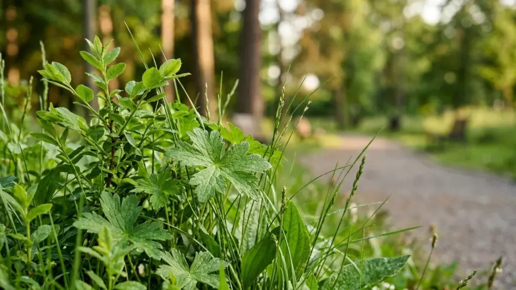 Gros plan sur des feuilles vertes et des herbes hautes dans un parc public.