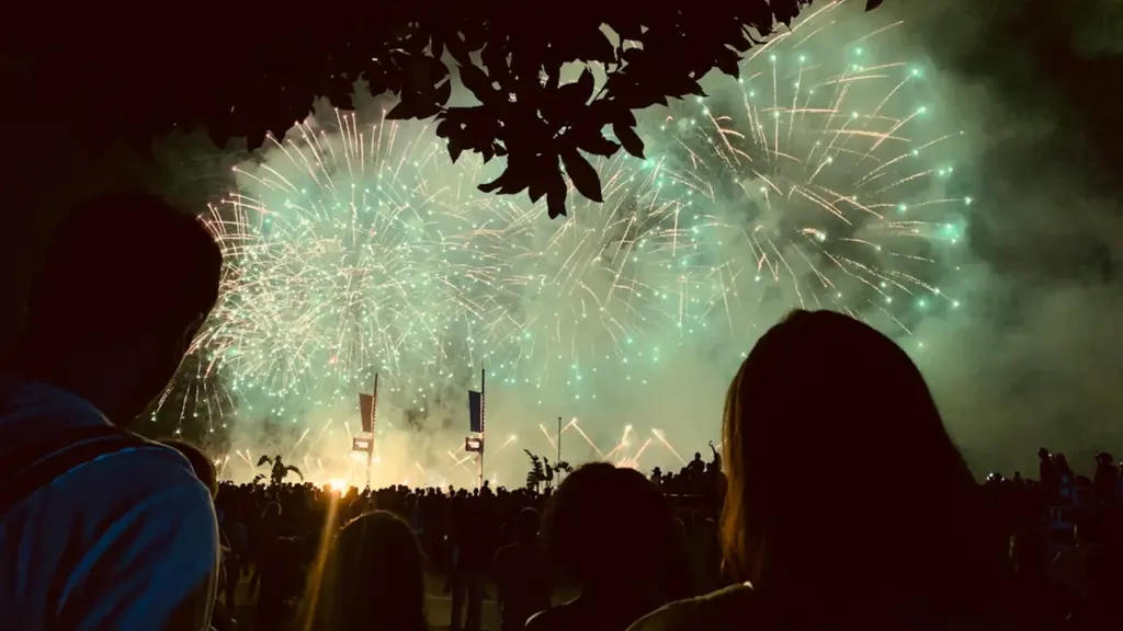 Feu d'artifice illuminant le ciel nocturne devant une foule lors d'une fête estivale.