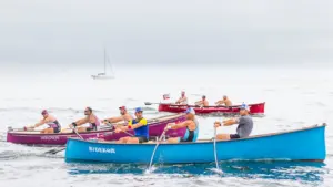 Plusieurs équipes d'hommes rament avec intensité dans des barques traditionnelles colorées sur l'océan.