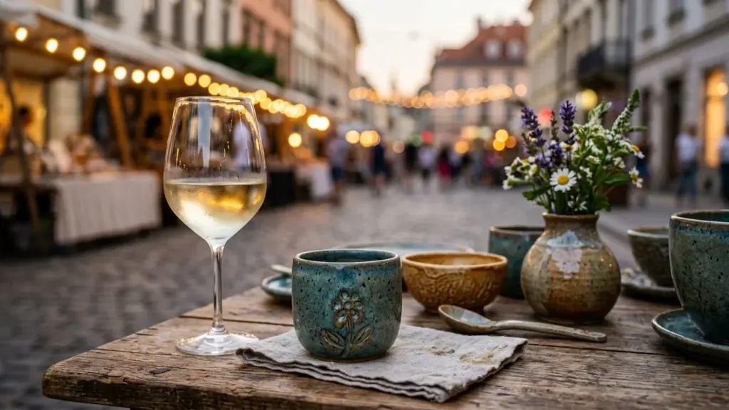 Un verre de vin blanc et de la vaisselle artisanale sur une terrasse urbaine animée.