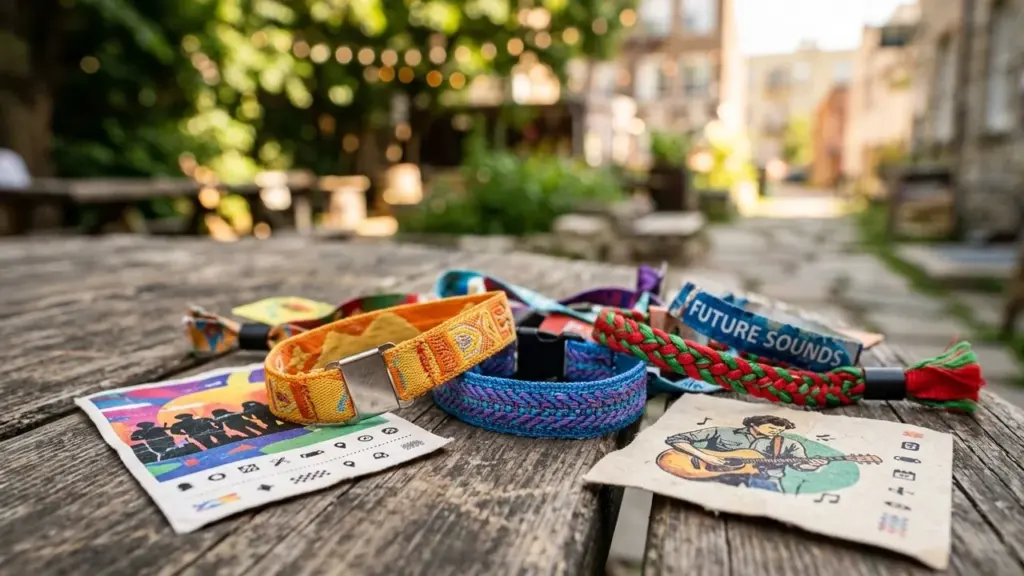 Plusieurs bracelets de festival colorés posés sur une table en bois en extérieur.