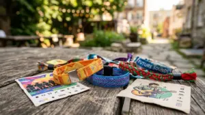 Plusieurs bracelets de festival colorés posés sur une table en bois en extérieur.