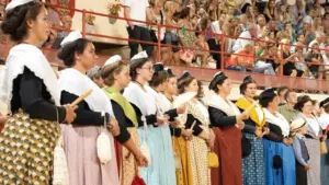 Un groupe de femmes en costumes traditionnels provençaux alignées devant une foule dans les gradins.