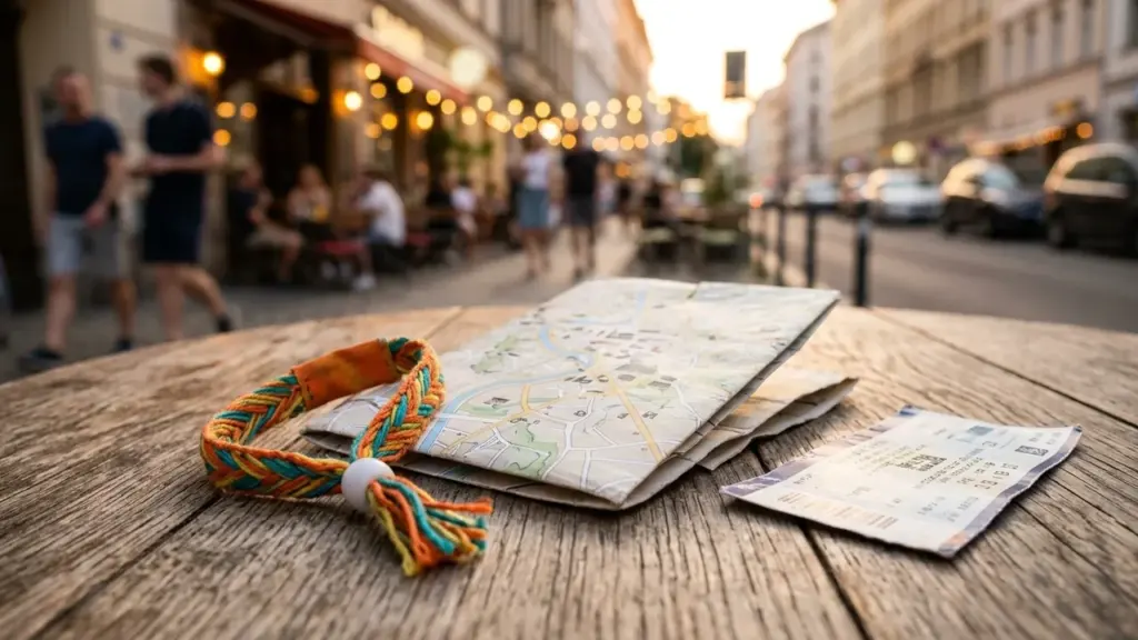 Une carte de ville et un bracelet coloré posés sur une table en bois.