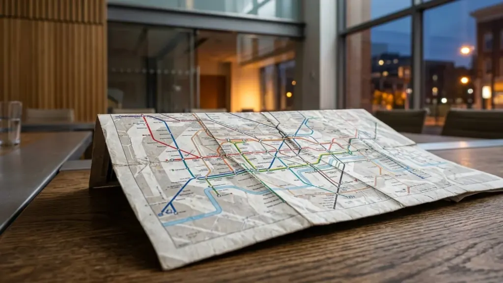 Une carte pliée du réseau de métro avec des lignes colorées sur une table.