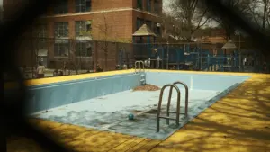 Piscine municipale vide vue à travers une clôture grillagée en extérieur.