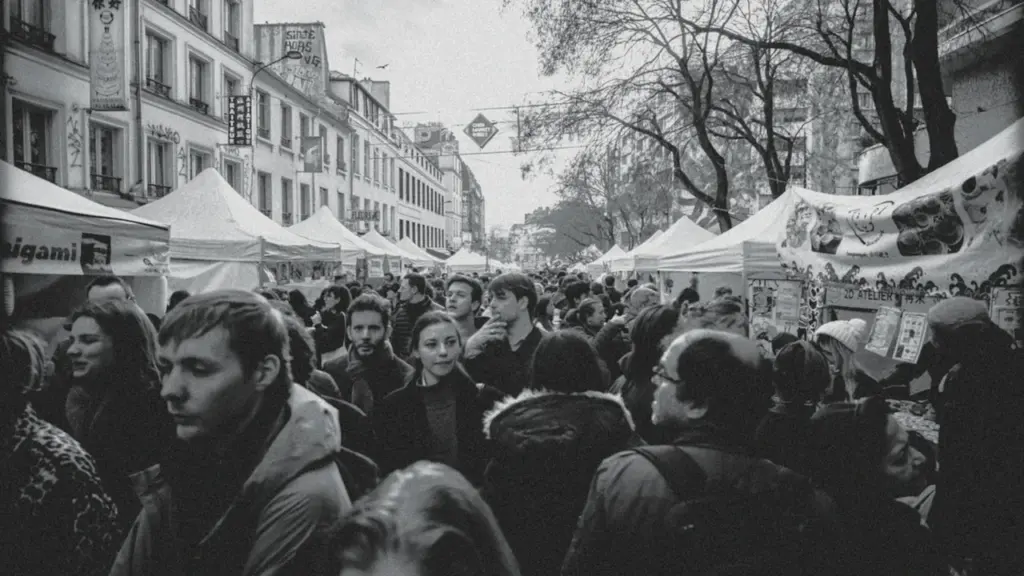 Une foule dense déambule entre des stands de marché en plein air à Paris.