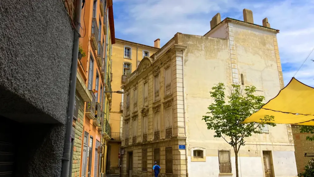 Rues étroites et architecture historique typique du centre-ville de Perpignan sous le soleil.