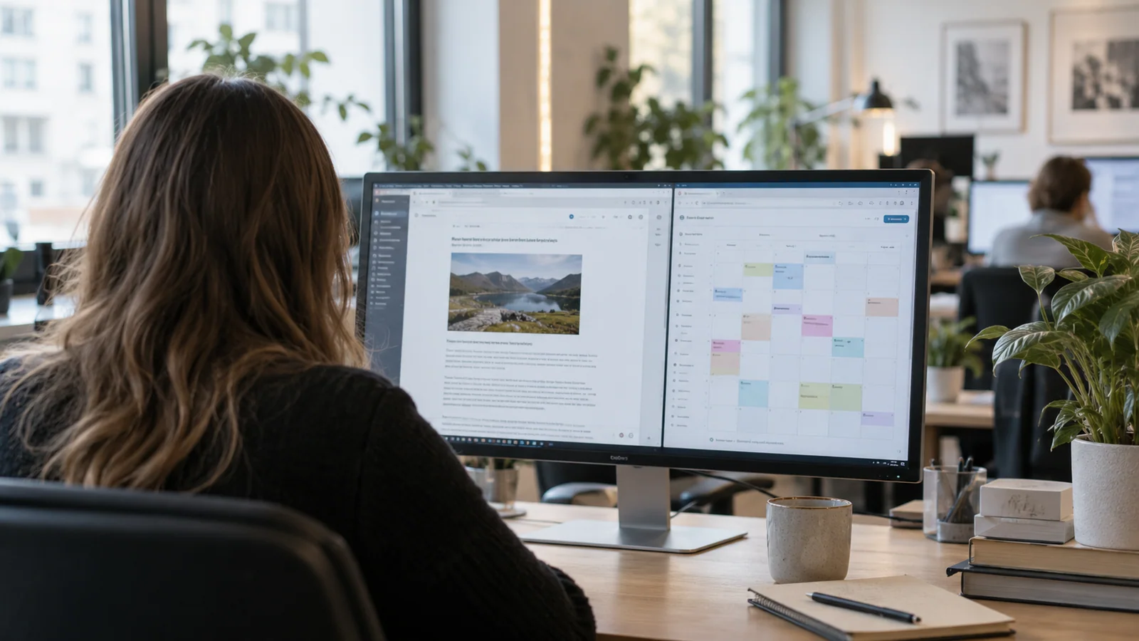 Illustration : une personne travaille sur un article et un calendrier de publication à l’écran.